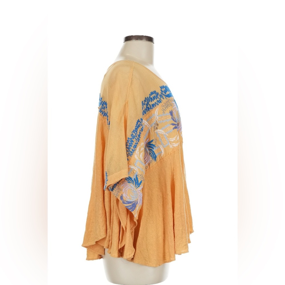 Free People Flowy Orange Top with Blue Embroidery - Picture 3 of 4